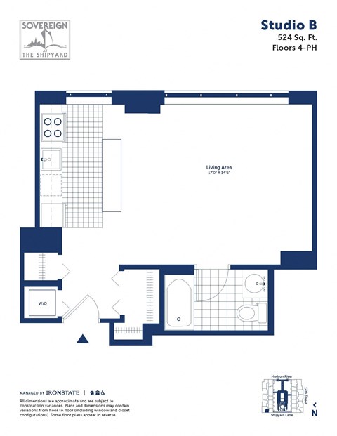 Floor plan for studio, 1 bath, 524 sqft